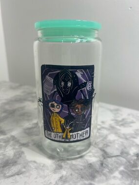 Coraline Other Mother 16oz Glass Cup w/ Lid Spooky Cute Goth Aesthetic Tumbler